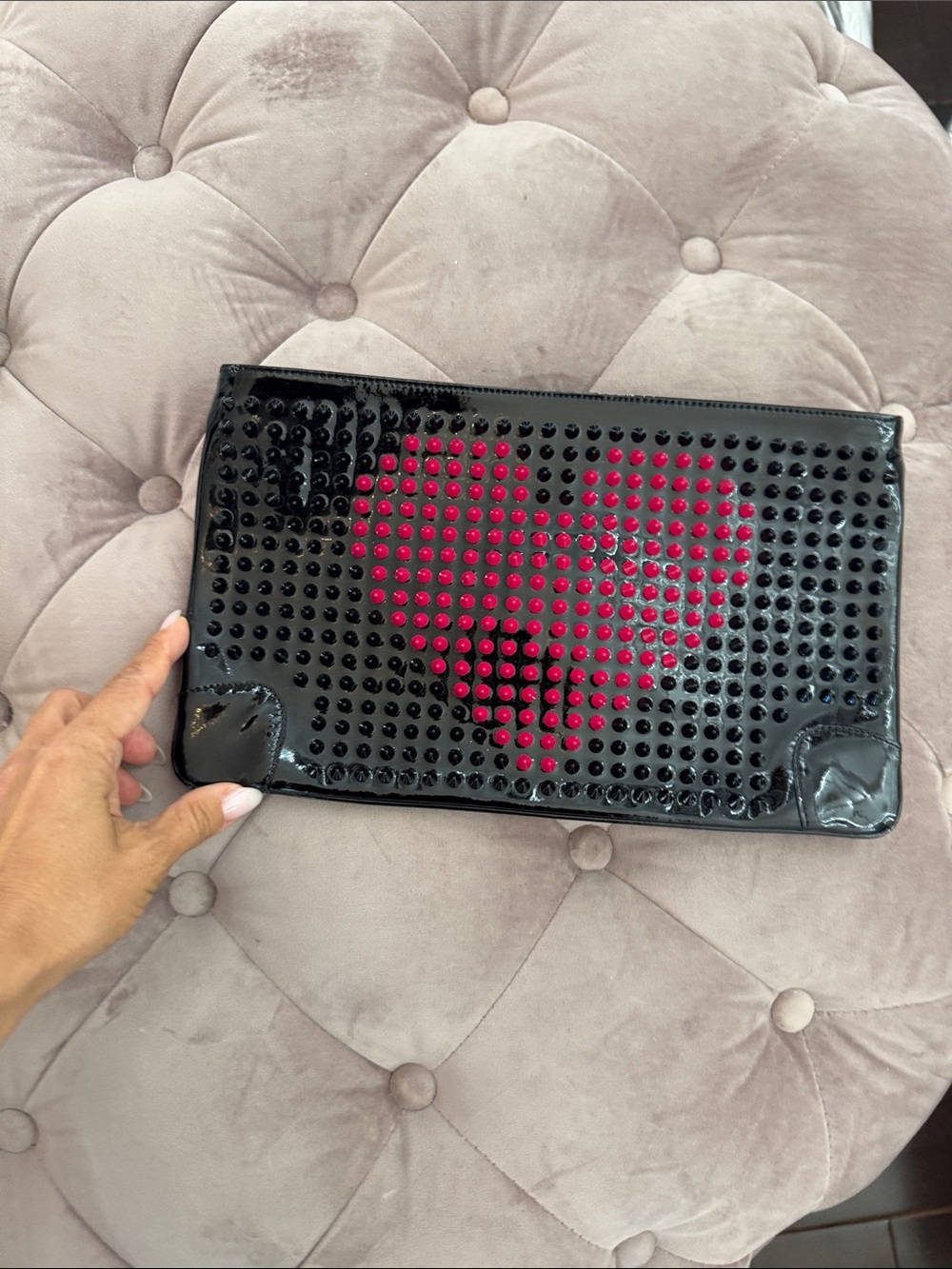 Christian Louboutin Black Patent Studded Clutch with Red heart limited edition